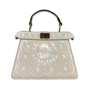 FENDI Peekaboo ISeeU Petite Leather Shoulder Bag in Light Beige, White, and G...